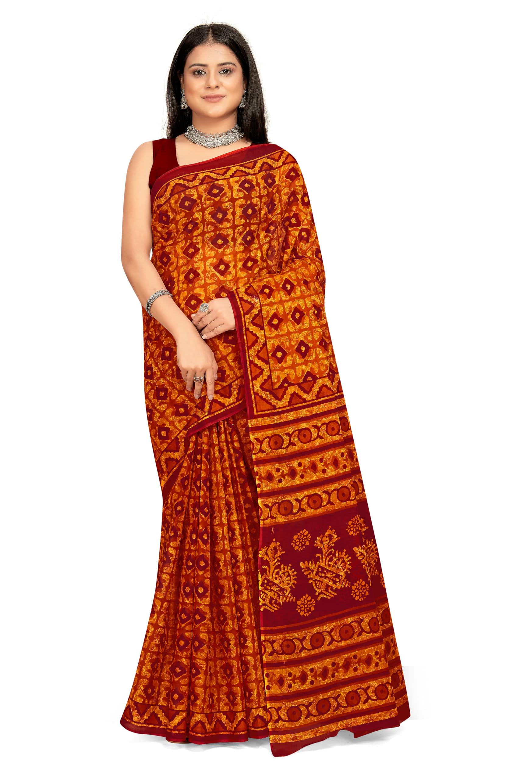 Tamaira Fashion Women's Batik Printed Pure Cotton Mulmul Saree Without Blouse Piece(Ab46_Mustard)