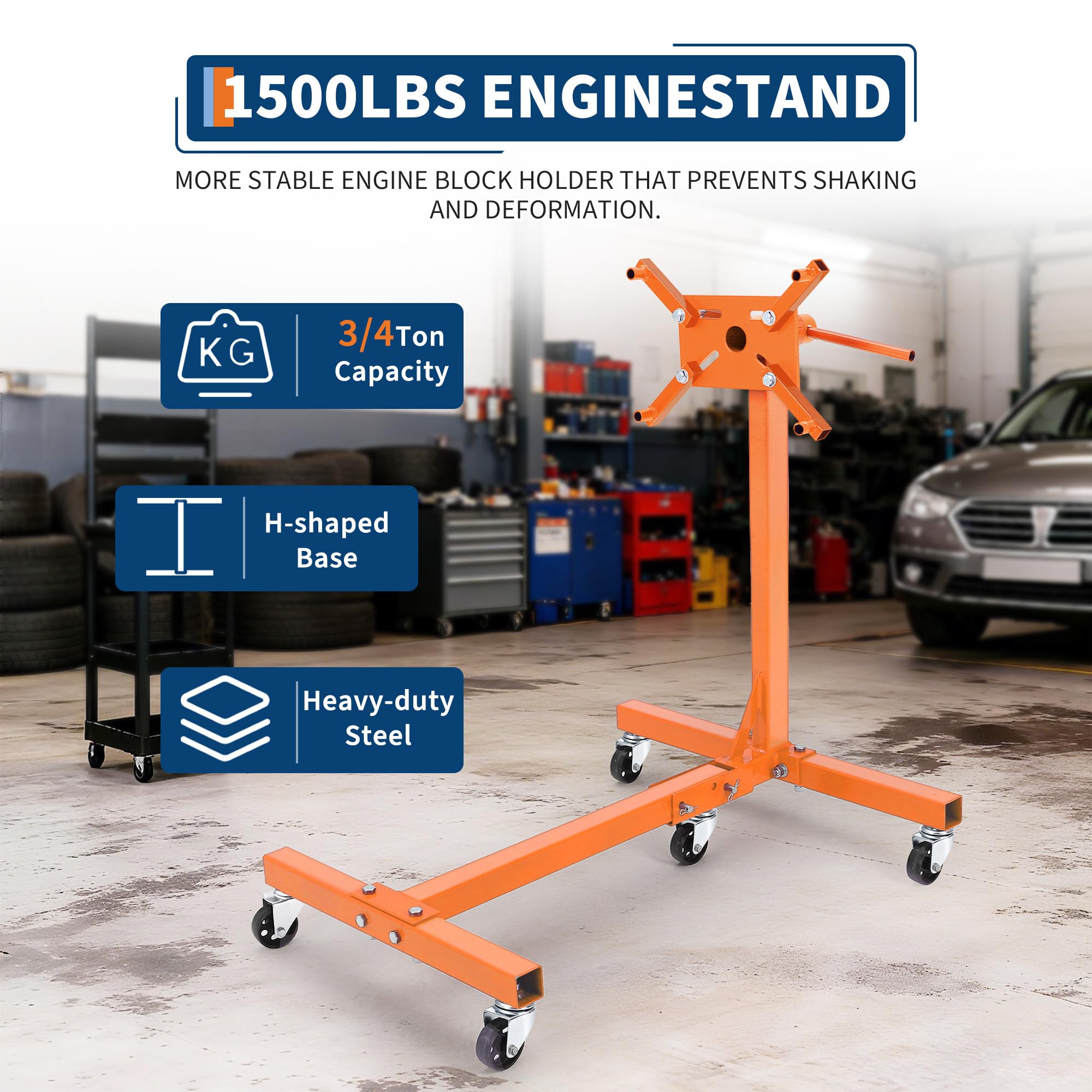 Garvee Support Moteur Rotatif Robuste – Capacité 1500 lbs, Rotation 360°, châssis Acier Pliable, 5 roulettes, 4 Bras réglables, Frein, Rangement Compact – Atelier, Garage, mécanique | Orange | 1500
