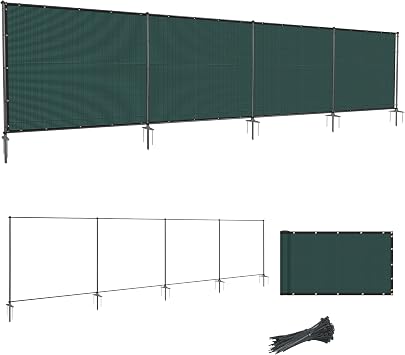 SunnyRoyal 6 x 24 Privacy Fence Screen Panel with Iron Poles Freestanding No Dig Heavy Duty Windscreen Mesh Fabric Temporary Dog Fencing for Outdoor Backyard Patio Garden Green