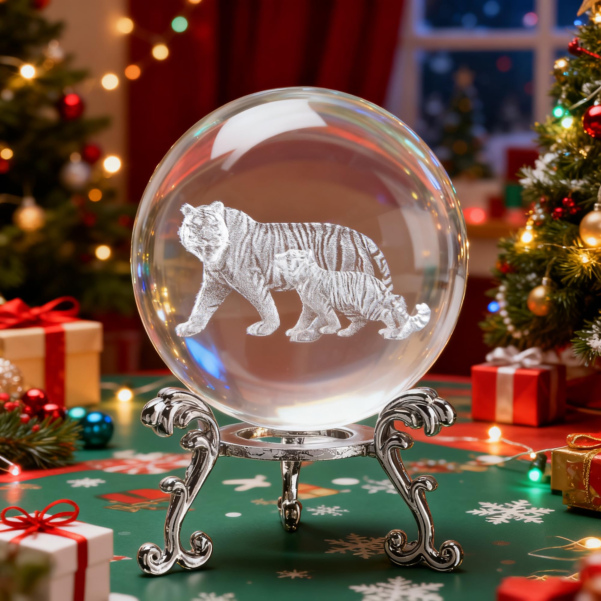 ZEERSHEE 60mm 3D Tigers Crystal Ball with Stand Glass Laser Engraved Tigers Ball Figurine Decorative Glass Ball Paperweights for Home Office