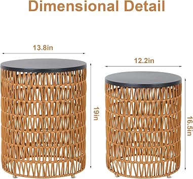 HMVPL Outdoor Side End Table with Dimmable Light Remote Control,2-Pack Small Round Patio Table with Timing Light,Outside Plastic Rattan Accent Bistro Desk for Poolside Backyard Balcony Gazebo Indoor