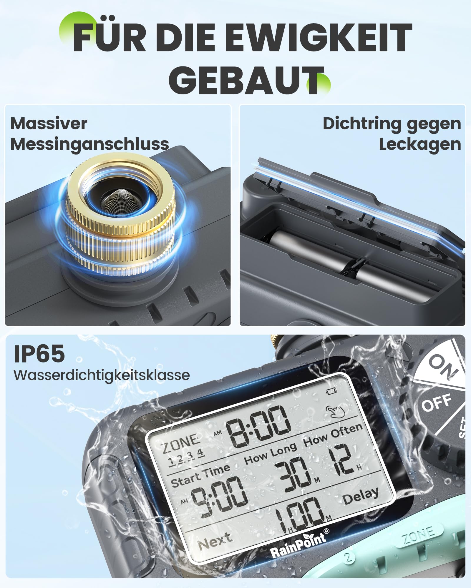 RAINPOINT Bewässerungscomputer 4 Ausgänge, Messingeinlass, IP65 Wasserdicht Wasserzeitschaltuhr mit Regenverzögerung/Manueller Bewässerung, Automatische Bewässerung für Rasen und Garten