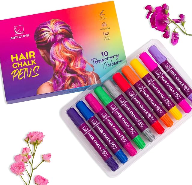 ARTECLIPSE Hair Chalk Gift for Girls & Kids - 10 Pens Temporary Non-Toxic Easy Washable Hair Dye Colourful, Pens - Gift Birthday Party Girls