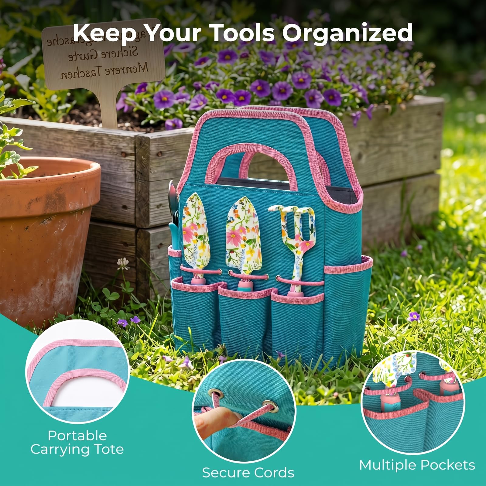Set di 9 attrezzi da giardinaggio, utensili a mano in lega di alluminio, con borsa da giardino, set di attrezzi per esterni robusti con impugnatura ergonomica