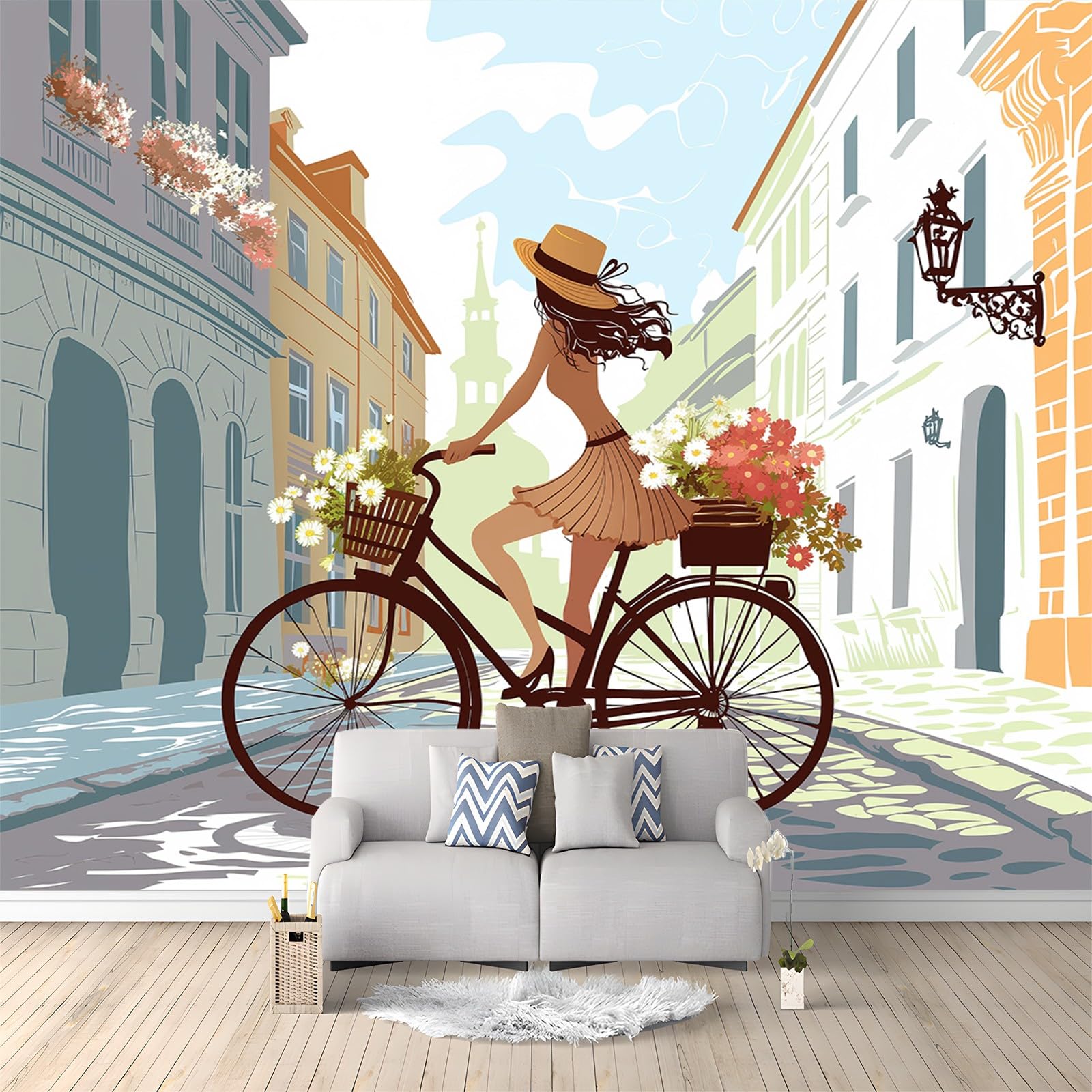 Photo Wallpaper Bicycle Girl City Art 400x280 cm Non-Woven Art Print Wall Mural Decoration Poster Picture Design Modern Living Room Kitchen Bedroom Wall Mural