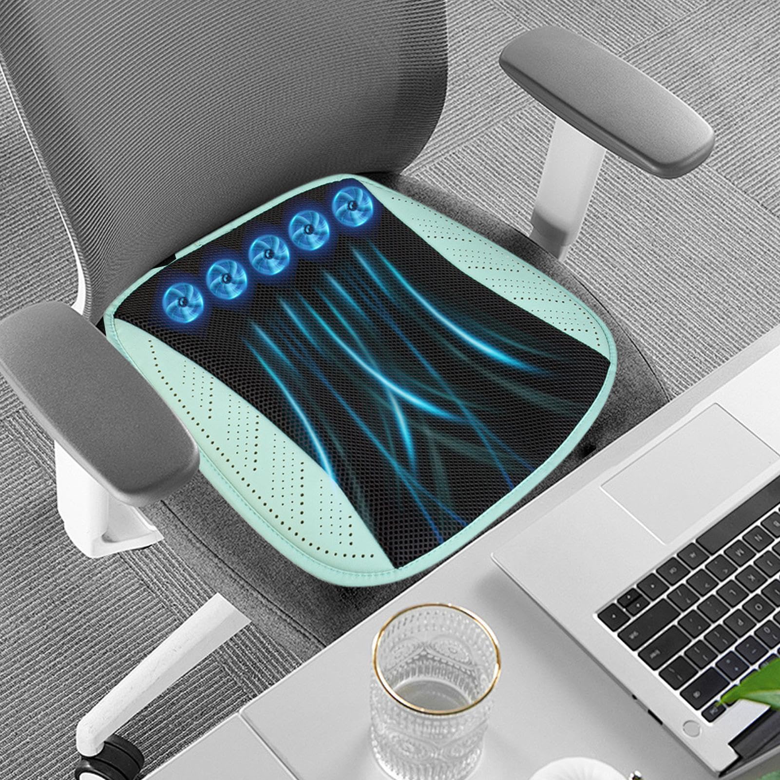 Almohadilla de refrigeración para asiento de coche, cojín de refrigeración para asiento delantero de coche, ventilado, 8 ventiladores incluidos, alfombrilla de malla de seda helada, silenciosa para