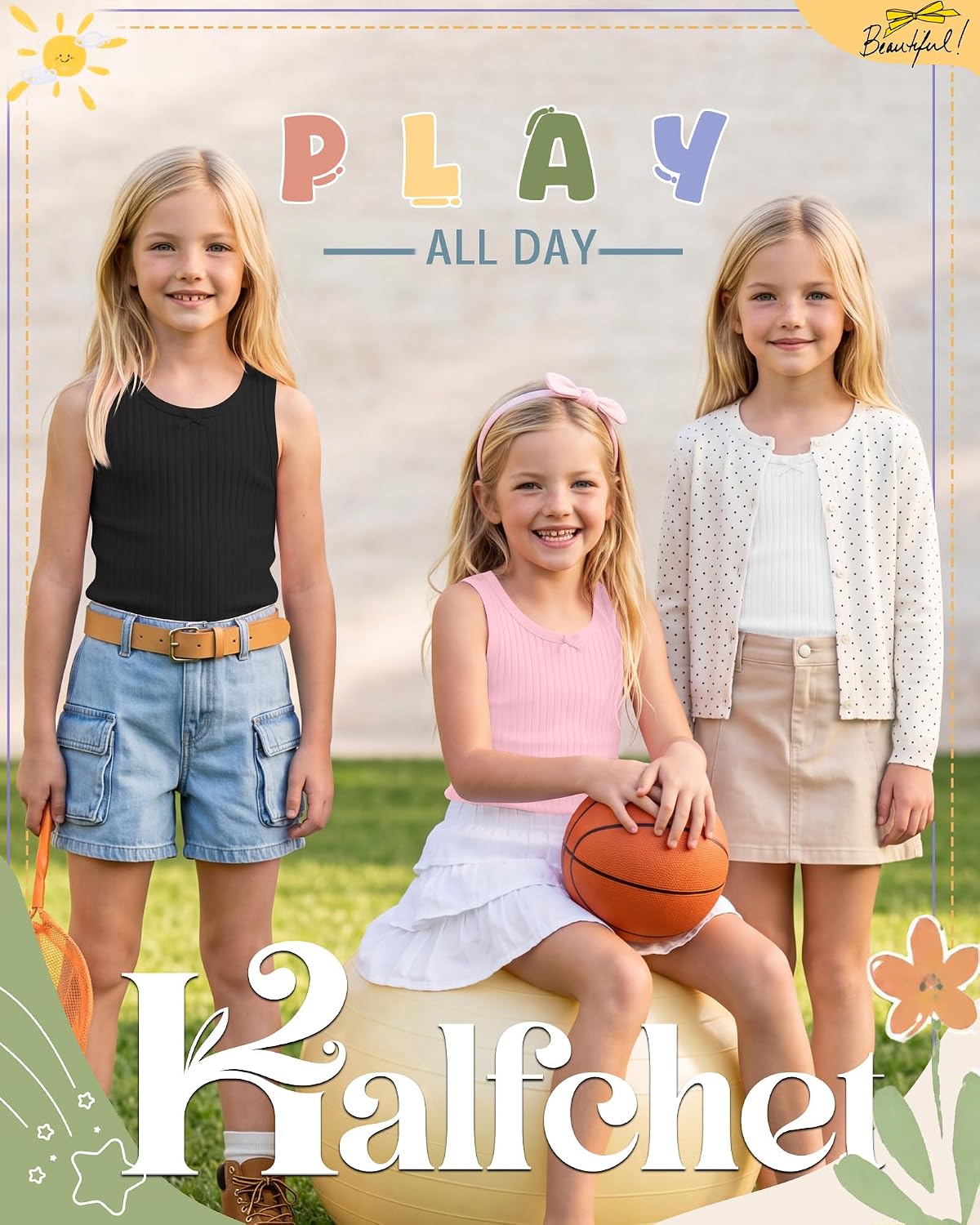 Halfchet 3 Pack Girl's Ribbed Tank Tops Crew Neck Fitted Sleeveless Shirts Casual Cute Athletic Dance Undershirts 5-14 Years