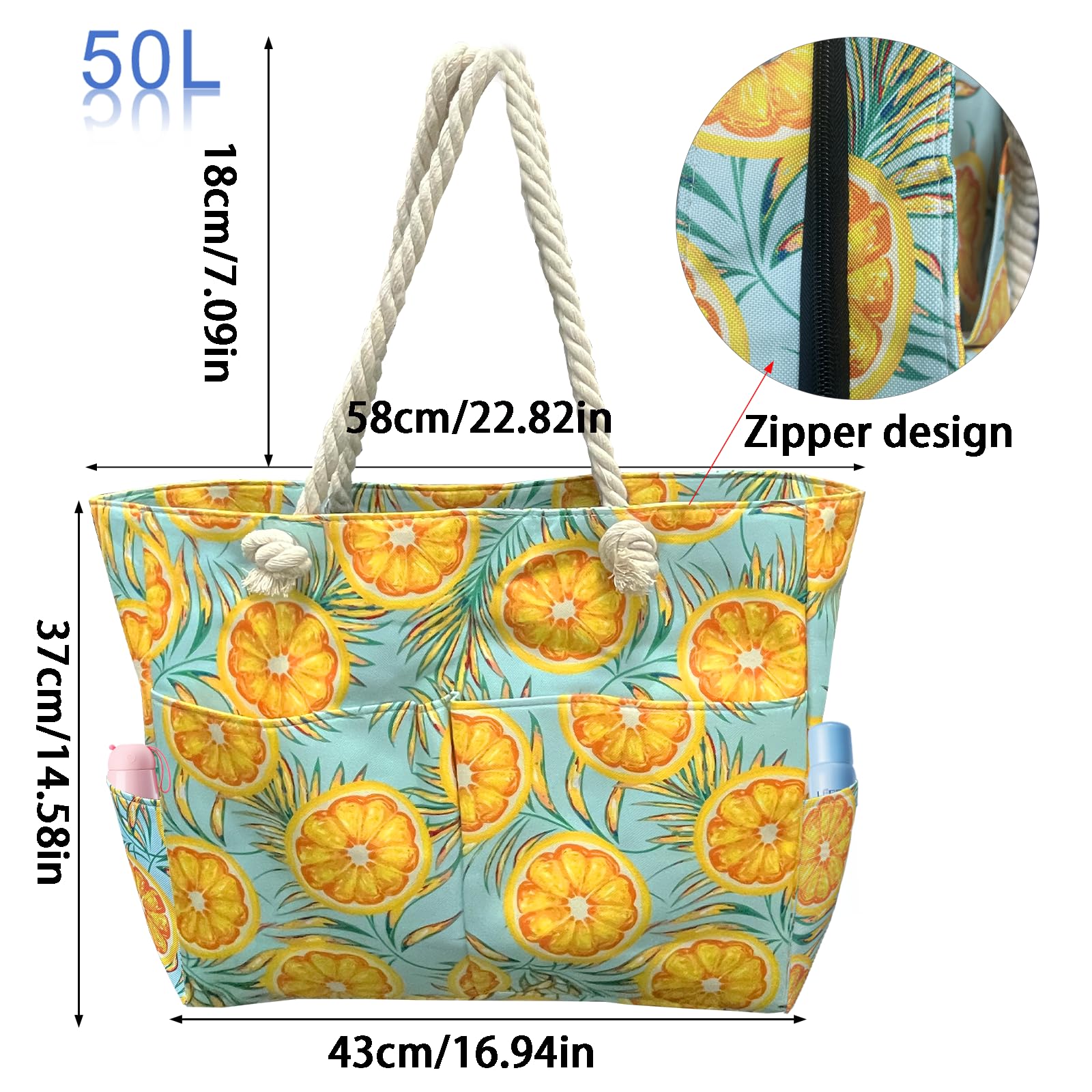 Badetasche Groß mit 7 Taschen 1 Kühltasche, 50L Orange Strandtasche xxl Familie mit Reißverschluss,Schwimmbad Tasche, Faltbar, Sanddicht, Schwimmtasche Damen für Shopping Strandurlaub Picknick