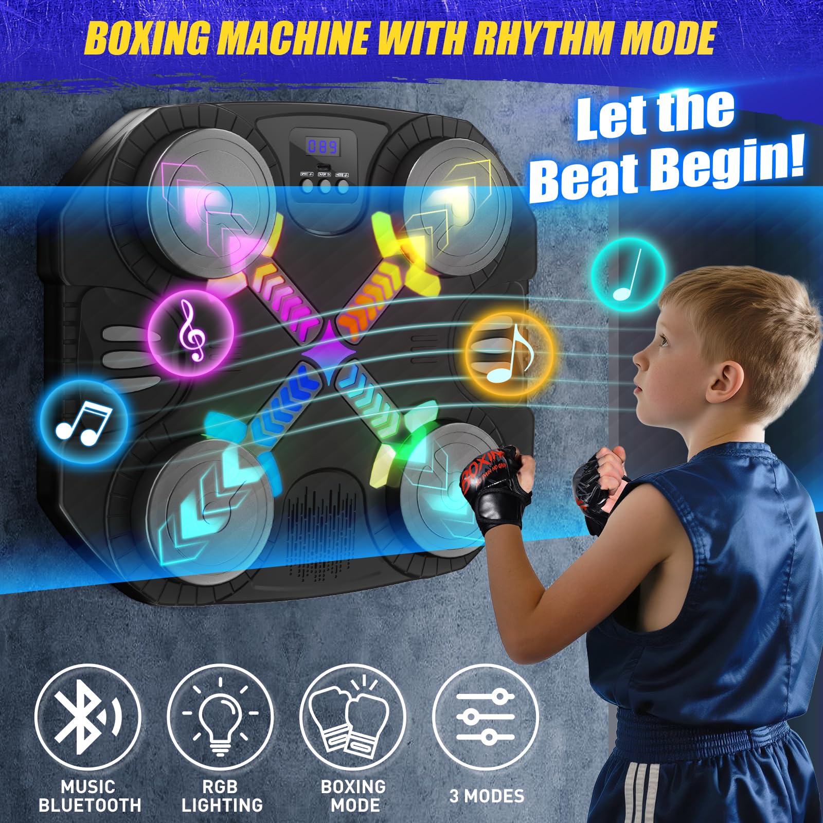 Máquina de Boxeo Musical para Niños, Máquina de Boxeo Bluetooth Montada en Pared con Guantes, Luces y Retroalimentación Sonora, Niños y Niñas de 3 a 12 Años (Negro)