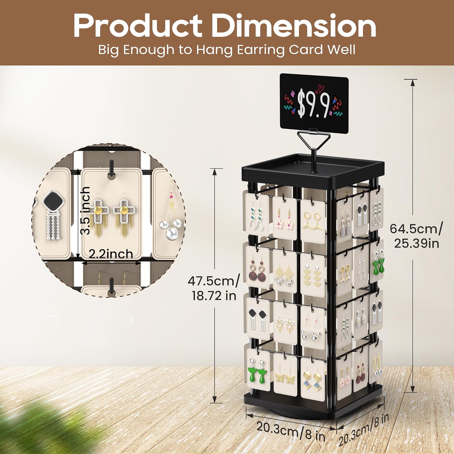 ORLESS Rotating Earring Display for Vendors, Jewelry Display Stand for Selling, Necklace Display Stands Earring Cards for Selling Bracelets, Jewelry Towers, Black