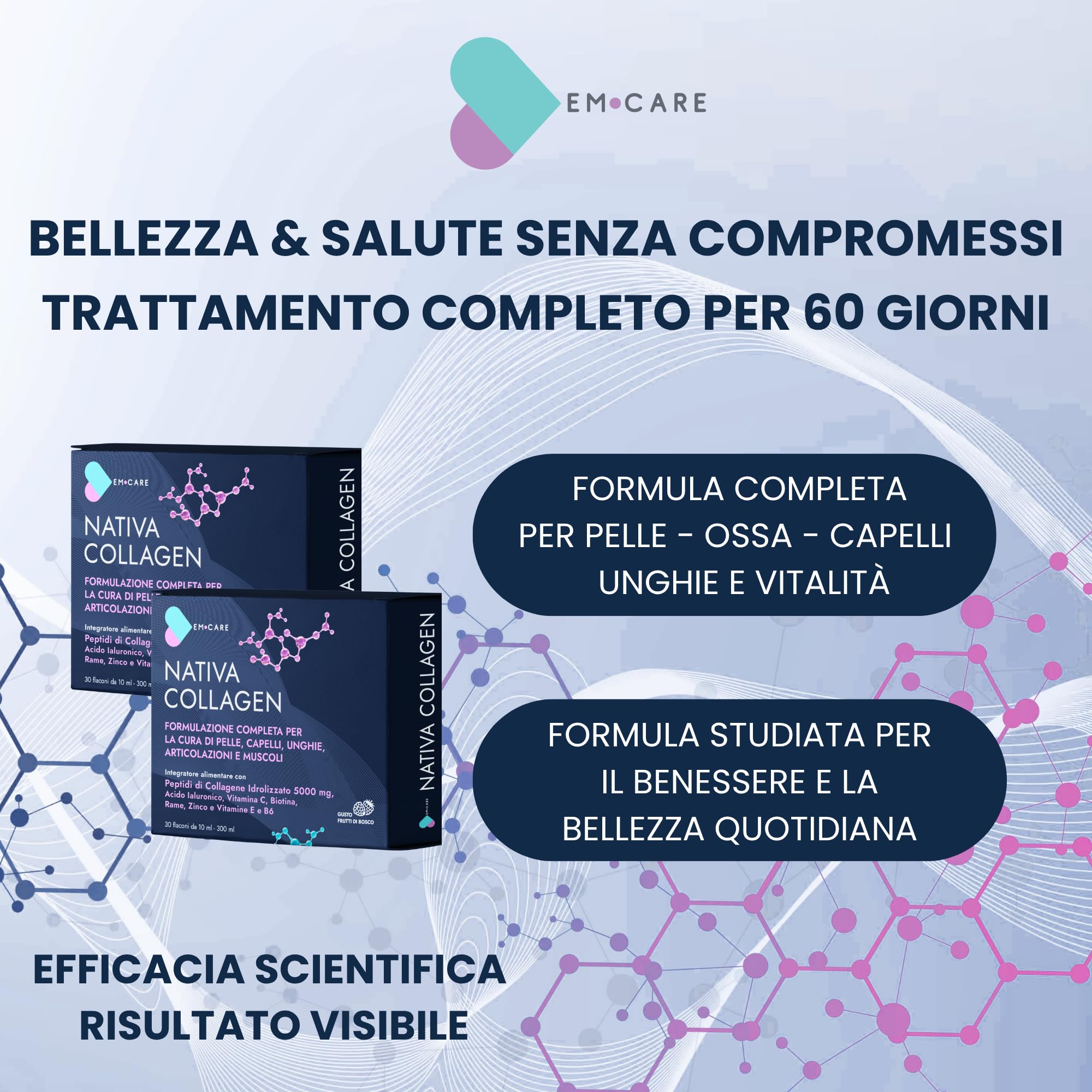 EM CARE Collagene da Bere 5000 mg, 60 Flaconi (2 Mesi) | Collagene Marino Idrolizzato, Con Acido Ialuronico, Vitamina C, Biotina e Zinco, Per Pelle, Capelli, Unghie e Articolazioni