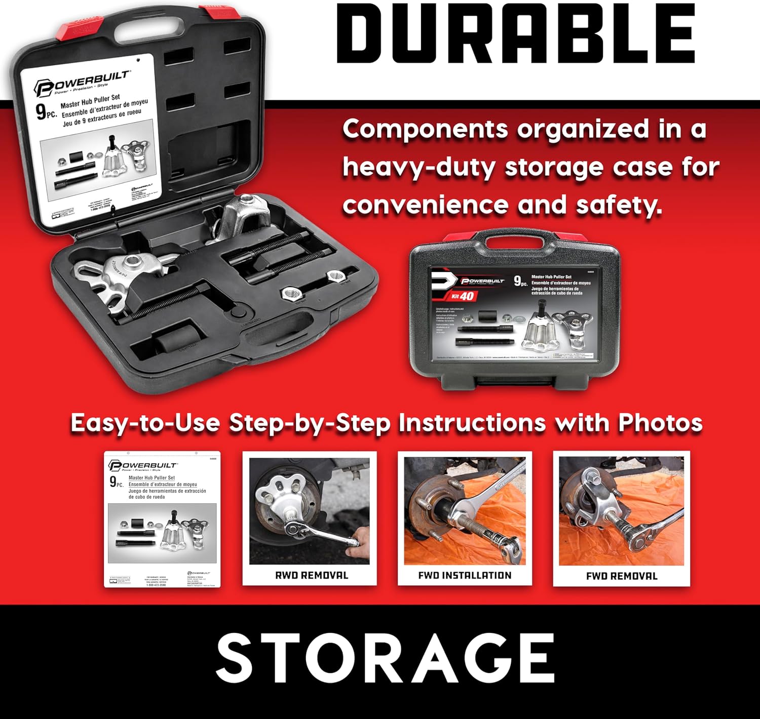 Powerbuilt Master Hub Puller Tool Set, Remove and Install Car Wheel Hubs and Axels, Ford and Mercury, Front-Wheel or Rear-Wheel Vehicles - 648608