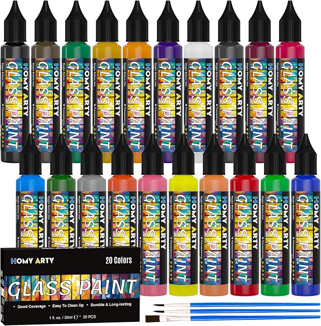 HOMY ARTY Peinture en verre 20 Couleurs (1 , avec 3 Pinceaux, Peintures en verre à base d'eau, Peinture en émanel acrylique pour verre, céramique, ampoules et fenêtres