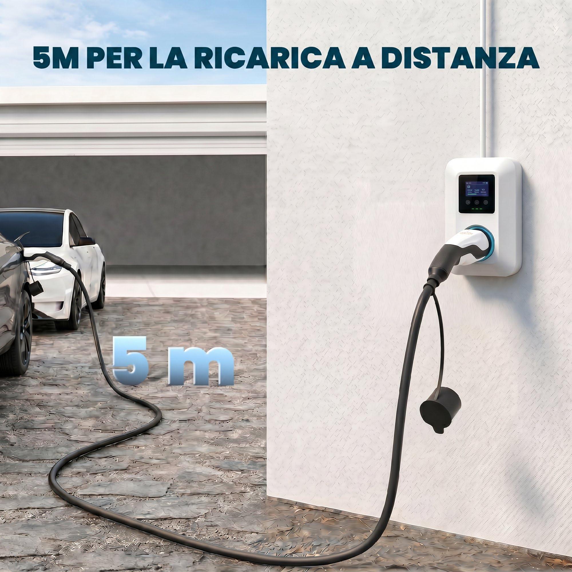 HOMCOM Cavo Ricarica Auto Elettrica EV Type 2, 22kW, 32A, modalità 3, Trifase, 5m, Cavo Auto Elettrica, Estensione Type 2 con Panno Pulizia e Borsa, Ricarica Rapida per Wallbox e Colonnine | Cavo Type 2 Mode 3, 22 kW, IP65