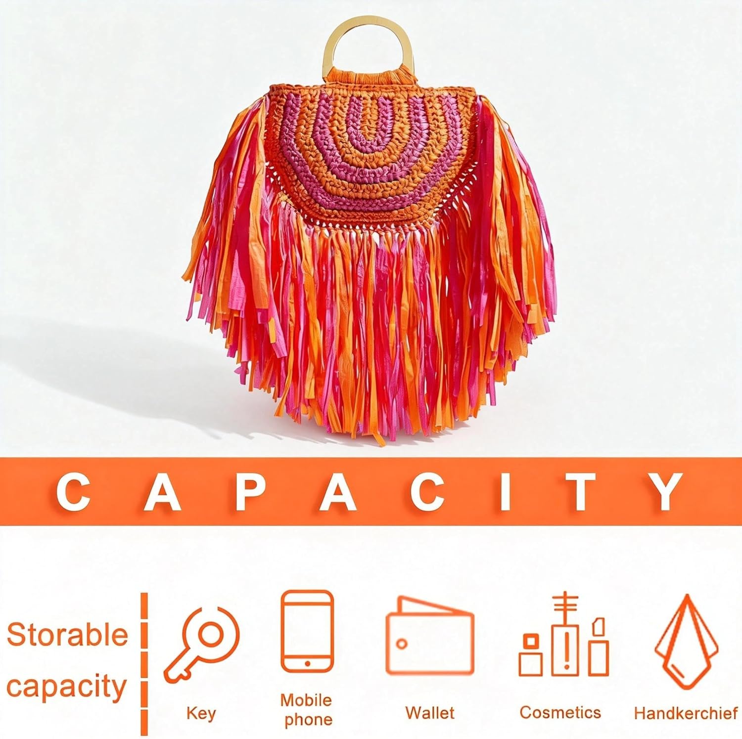 Fringe Crochet Straw Handbag for Women, Wooden Handle Woven Straw Beach Bag, Summer Vacation Tote，Clutch Purses for Women