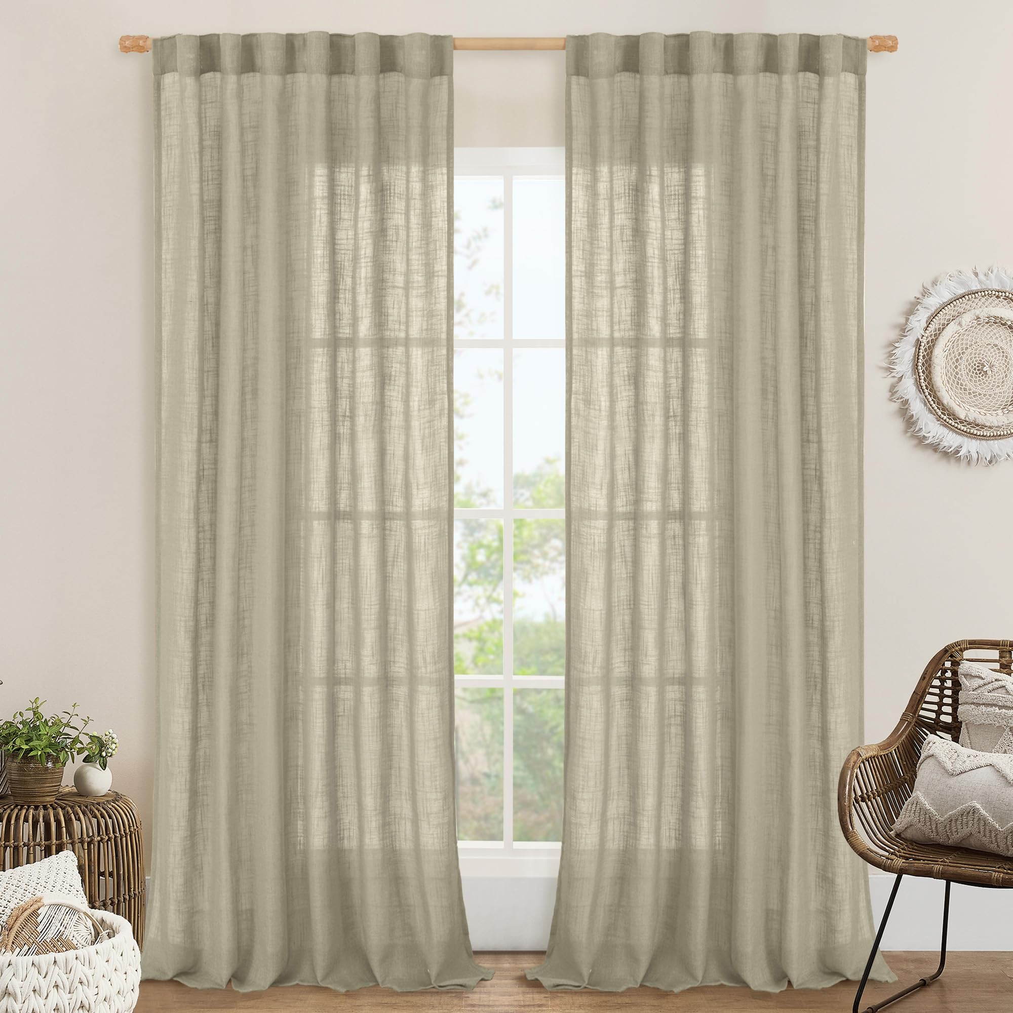 LAMIT 102 Inches Long Linen Curtains for Living Room, Back Tab and Rod Pocket Semi Sheer Curtains Light Filtering Farmhouse Drapes for Bedroom/Dining Room, Oatmeal, Set of 2, 52 x 102 Inch