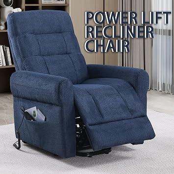 Power Lift Recliner Chair, Electric Power Lift Recliner Chair for Elderly Single Seat Chenille Reclining Sofa with Side Pocket for Bedroom, Living Room, Office (Blue)