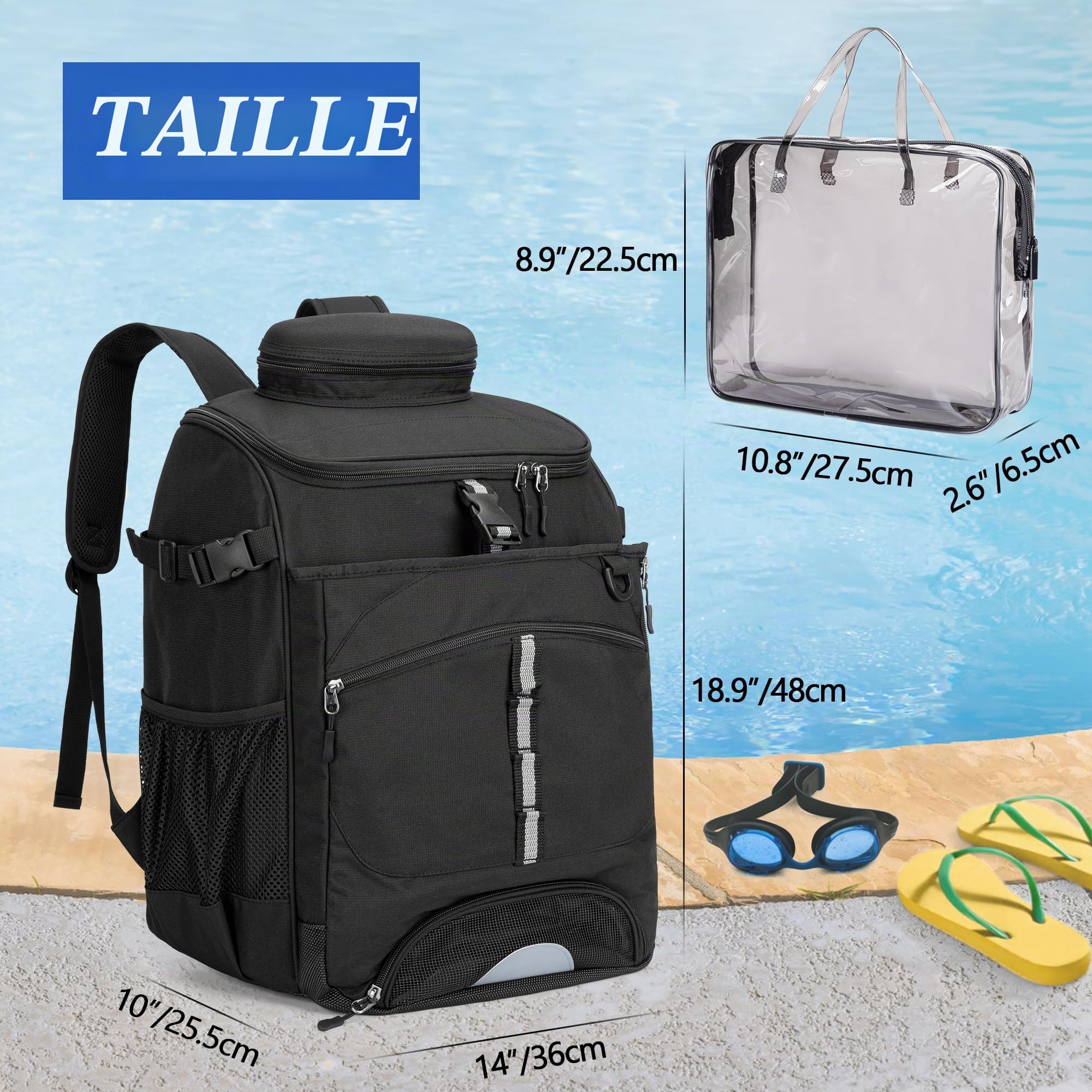 GOBUROS Sac à Dos de Natation pour Plage, Triathlon, Plongée en Apnée | Étui Transparent en PVC, Sangles Élastiques pour Palmes, Compartiment pour Planche de Natation, Poche Aéré pour Sandales