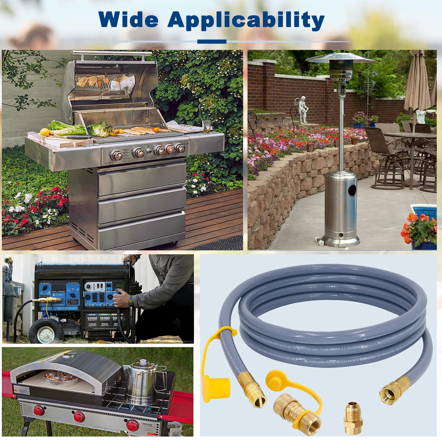 SUMNEW Manguera de gas natural de 12 pies de diámetro interior de 1/2 pulgada, accesorios de conexión y desconexión rápida con adaptador hembra de 3/8 pulgadas por macho de 1/2 pulgada para parrilla,