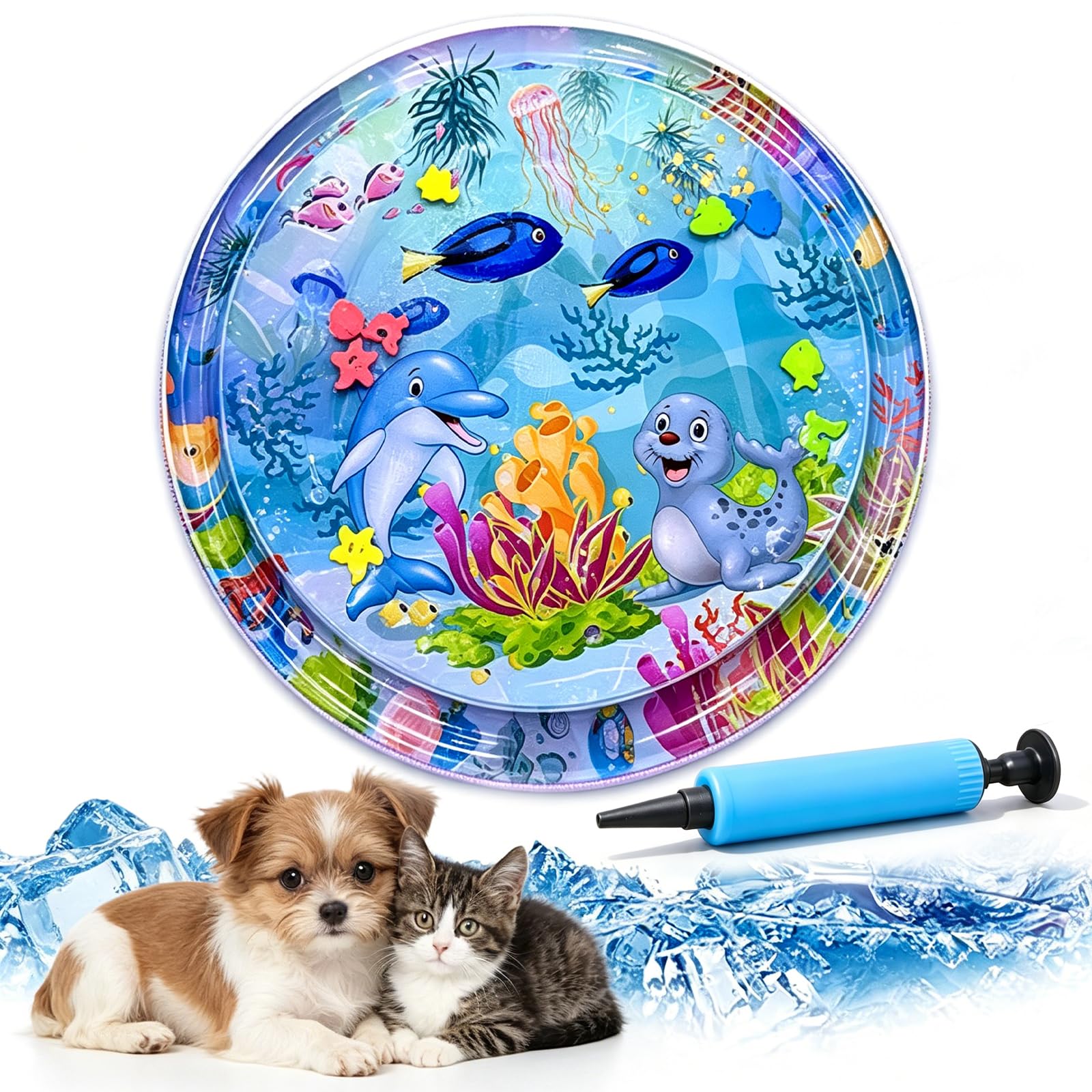 Pet Water Sensory Mat, 37.4" Large Cat Water Mat with Floating Fish, Interactive Cooling Mat for Cats & Dogs, Thickened Leak-Resistant Water Play Mat, Indoor Outdoor Pet Enrichment Toy (Round-9)