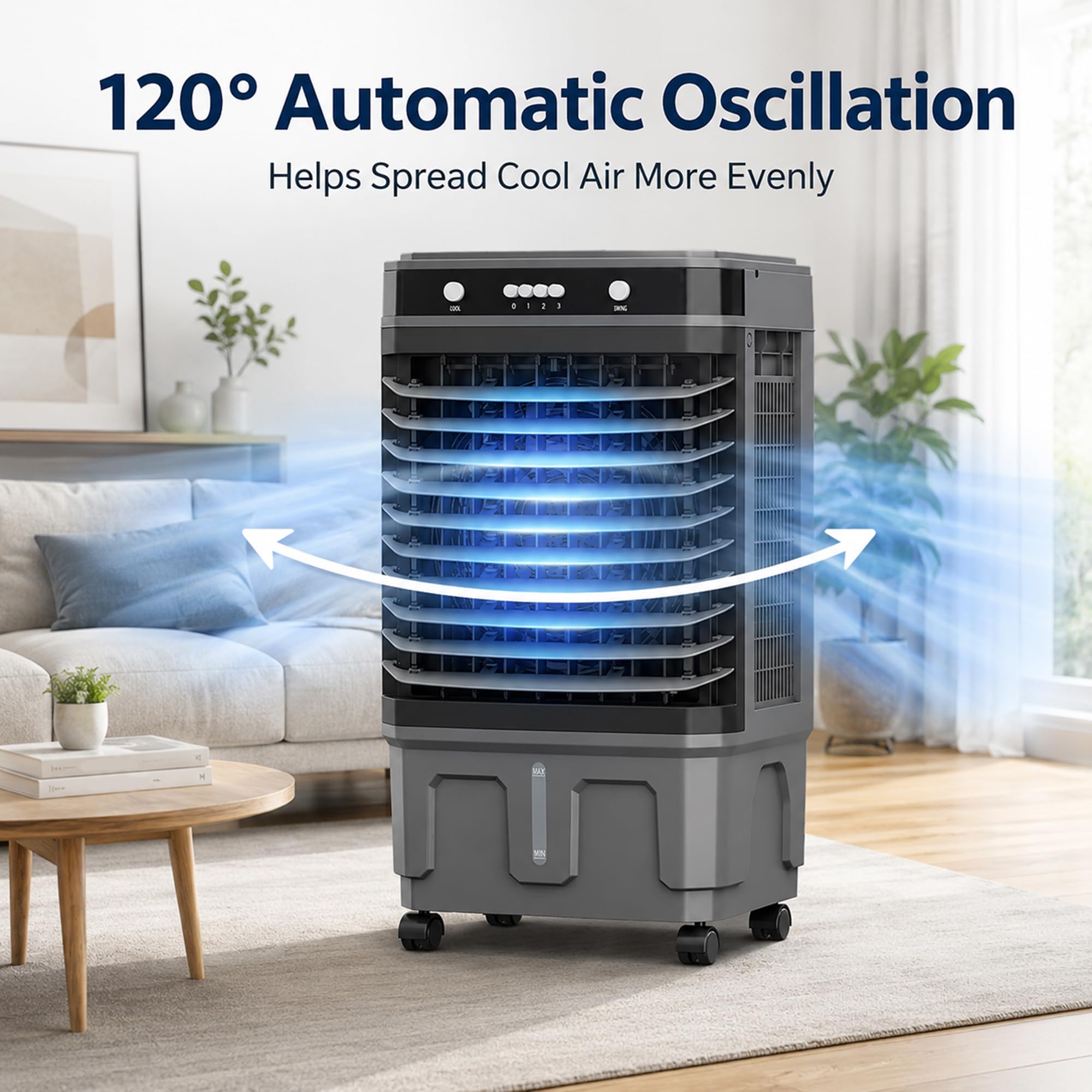 Raffrescatore Evaporativo, Ventilatore di Raffreddamento Portatile | 3 velocità, Oscillazione a 120°, Serbatoio dell'acqua per Casa e Officina(16.9x12.5x35.4in/43x32x90cm)