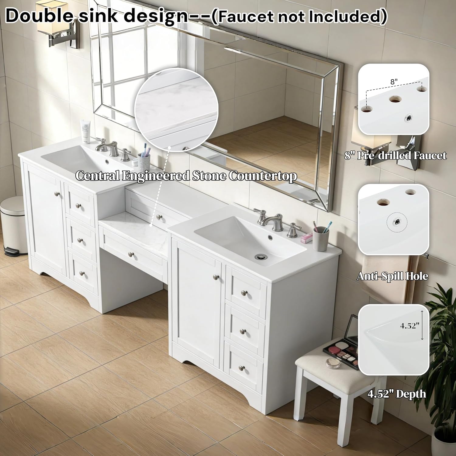 84" Double Sink Bathroom Vanity, 2 Ceramic Sinks and a Engineered Stone Countertop, Large Storage Bathroom Vanity with Silver Metal Knobs and 6 Drawers, Soft Closing Design -White
