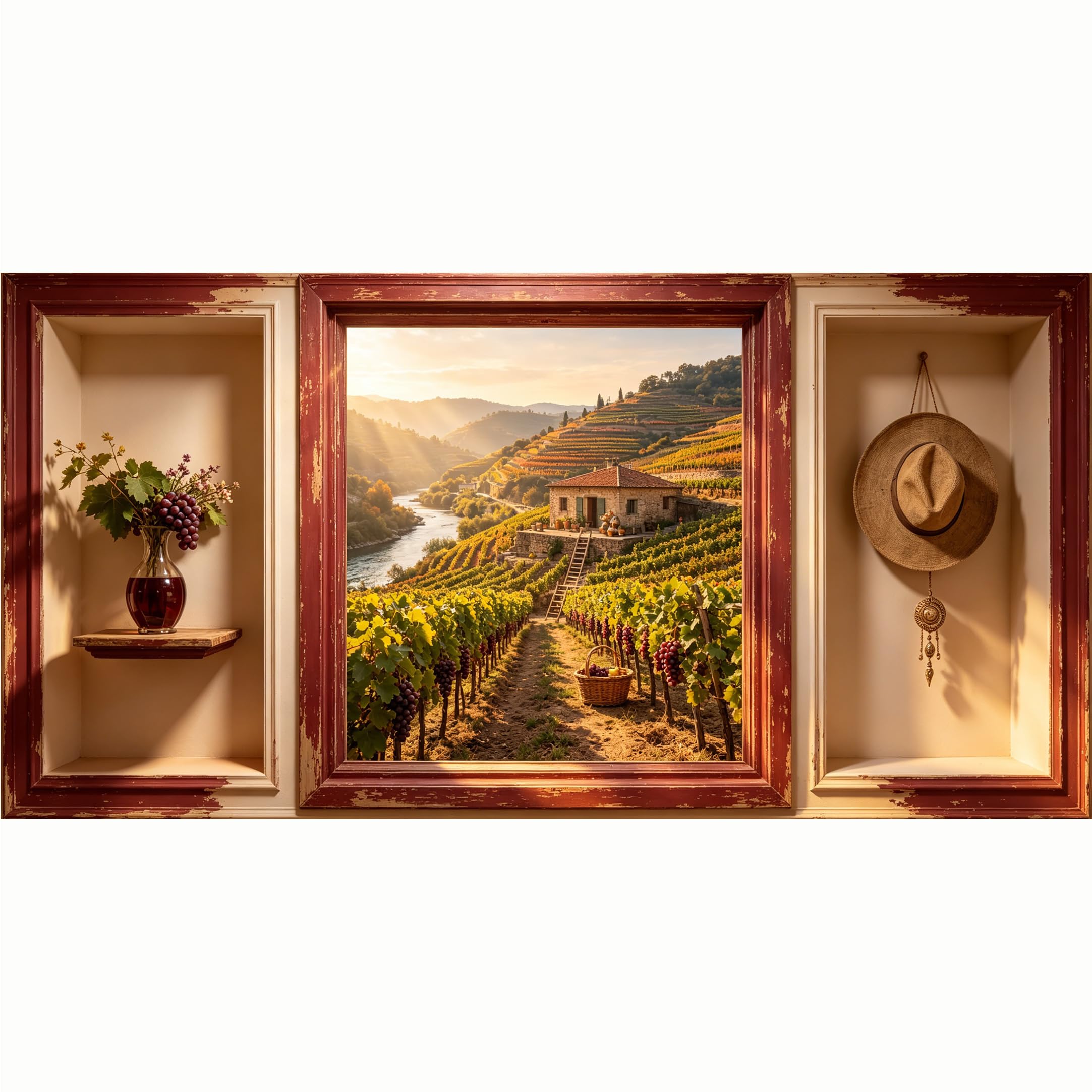 QZLITHOTIC 50x100cm 3D Framed Wall Art， Tuscany Vineyard Landscape Trompe l'oeil Self‑Adhesive Mural， Water‑Activated Peel & Stick Fabric Decor Wall Decal for Bedroom Living Room