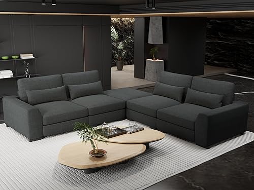 Miniatura 8 de Sofás seccionales para sala de estar, sofá modular grande de 5 asientos, lino de terciopelo con almacenamiento de asiento profundo, sofá convertible
