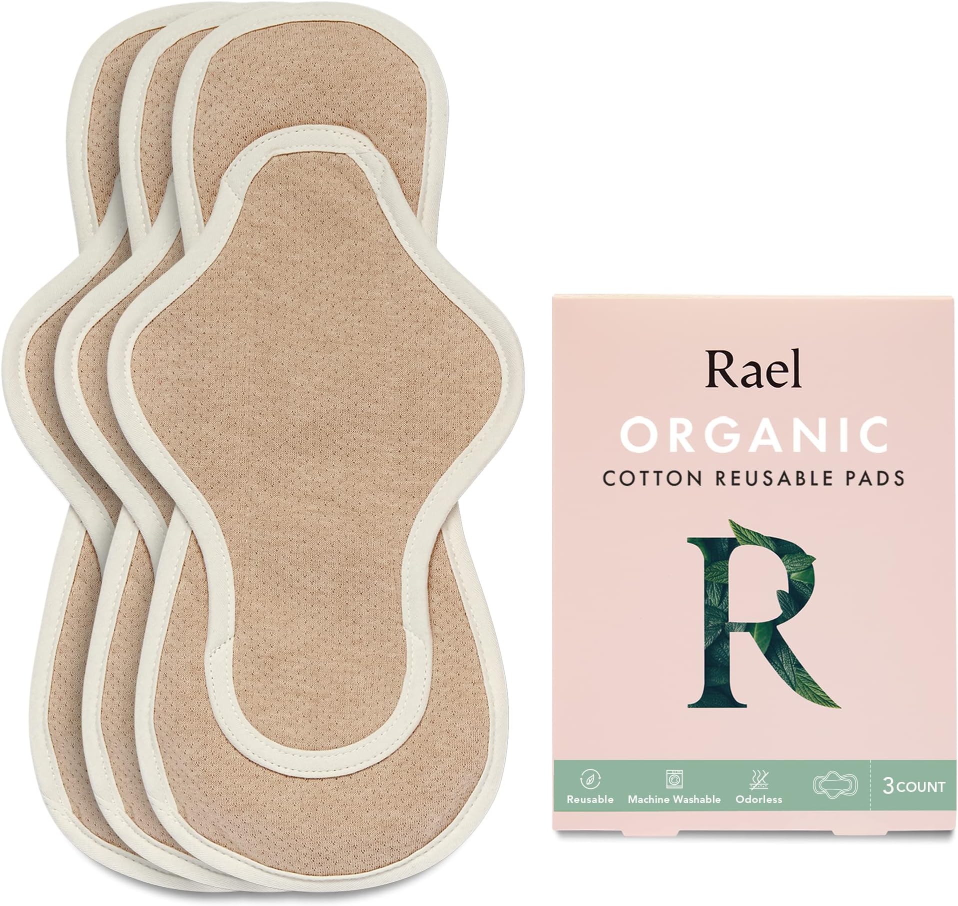 Rael Reusable Pads, Organic Cotton Cover Pad - Postpartum and Period Essential, Heavy Absorbency, Thin Cloth, Leak-Free, Washing Machine Safe (3 Count, Large)
