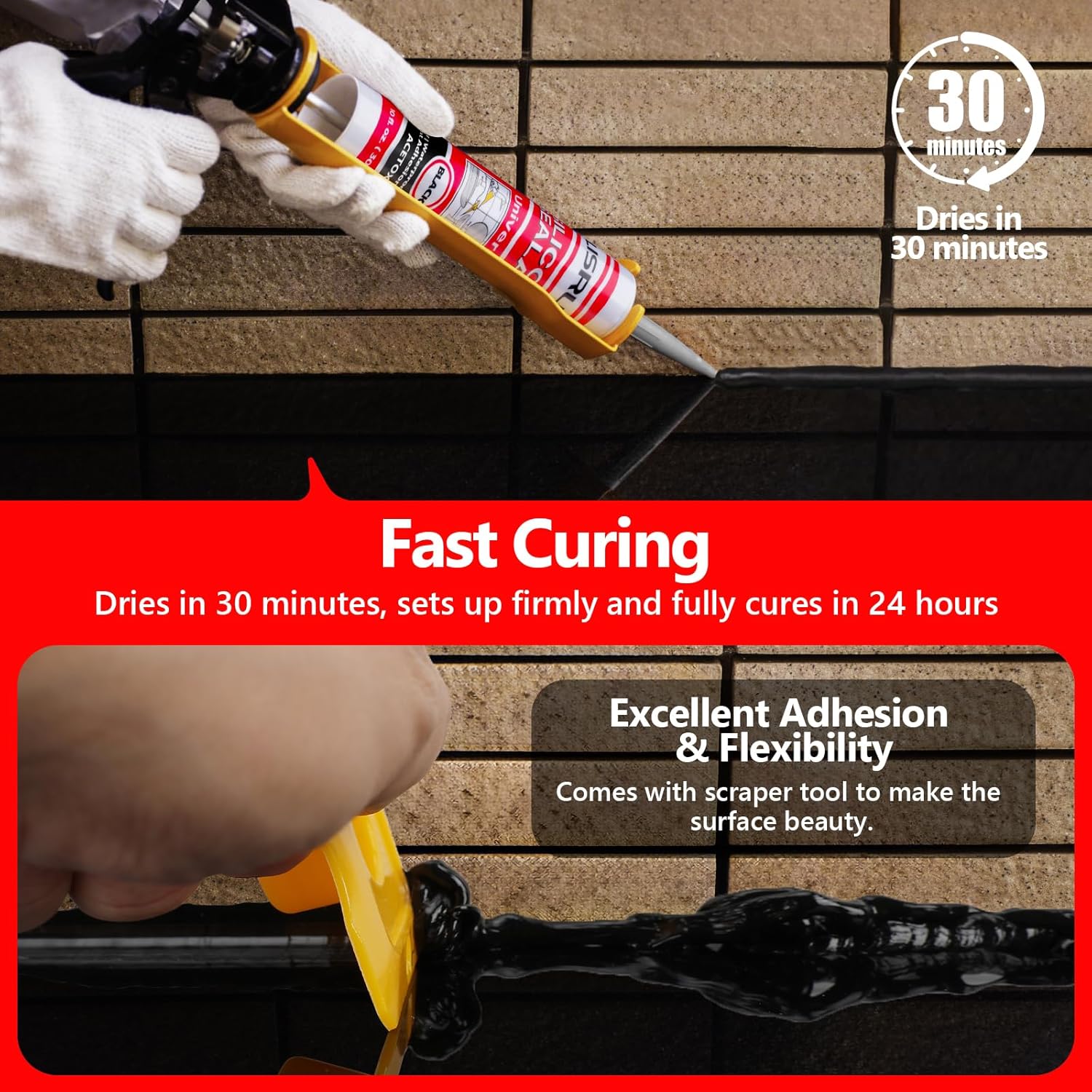 Black Advanced Silicone Caulk for Kitchen & Bathroom,10 fl oz Cartridge,12 Pack, Cartridge,100% Waterproof RTV Silicone Sealant,Stronger Adhesion,Shrink & Crack Proof