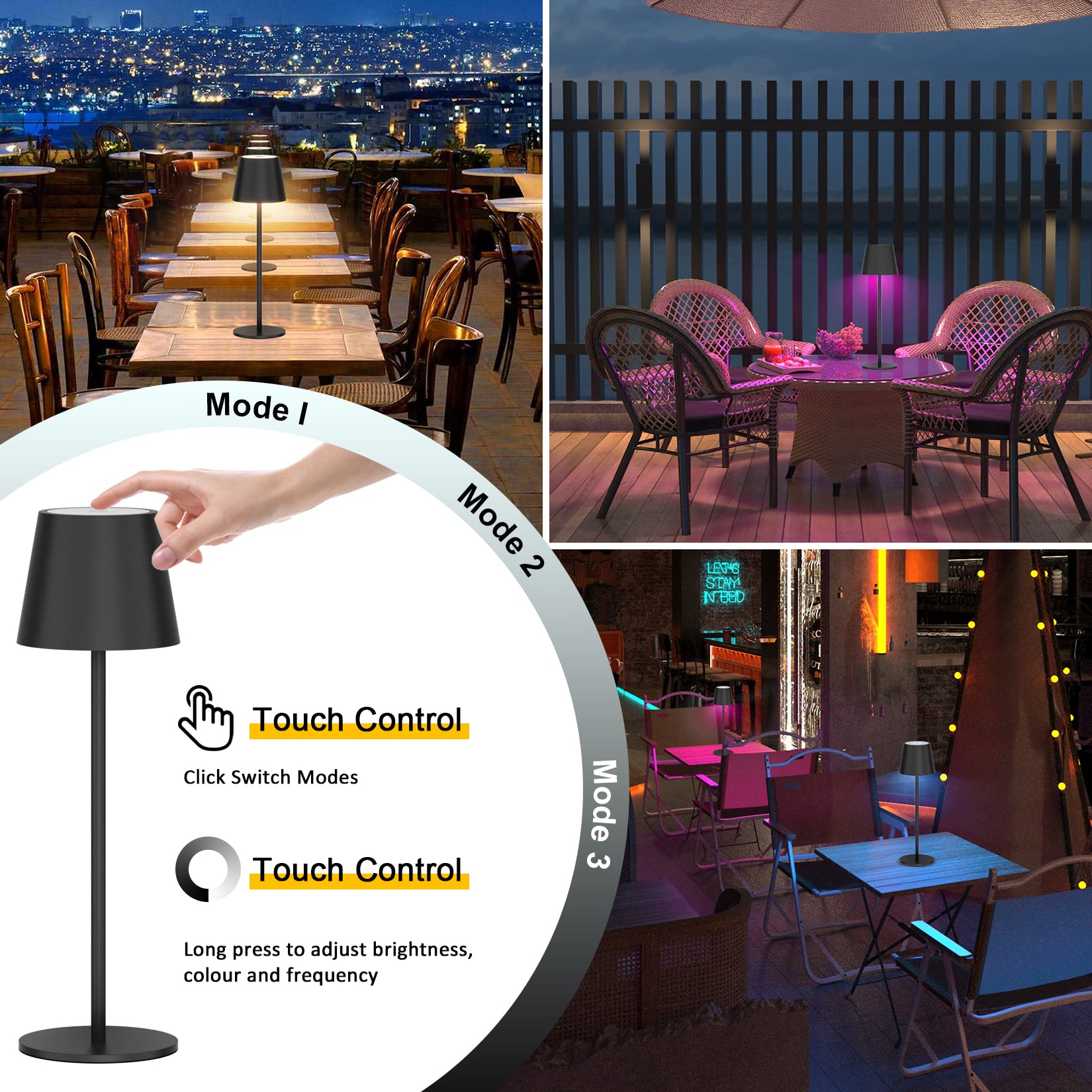K-Bright 2 pezzi Dimmerabile LED Lampada da tavolo senza fili, Ricaricabile Luce calda Colore e Dimmerazione RGB Impermeabile IP54, scrivania Illuminazione per interni per esterni Nero