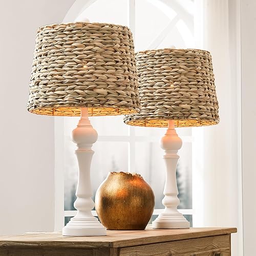 Maxax Juego de 2 lámparas de mesa estilo casa de campo, candelabros blancos, diseño de luz de ratán tropical, pantalla cónica de tambor cónico,