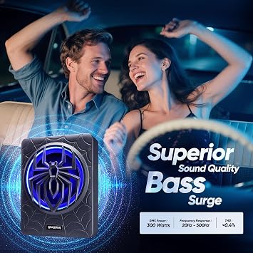 Seventour 10 1000W Slim Under Seat Powered Car Subwoofer Enclosed, Car/Truck Audio Sub Built in Amplifier Package amp Combo,with LED Light (Subwoofer + Mounting Wire Kit)
