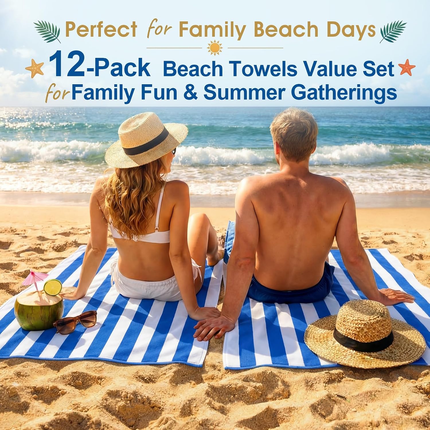 Breling 12 Pack 100% Cotton Cabana Stripe Beach Towels 30" x 60" Oversized Blue and White Thick Pool Towels Bulk Soft Plush Absorbent Quick Dry for Adults Beach Pool Swim Bath Spa Travel