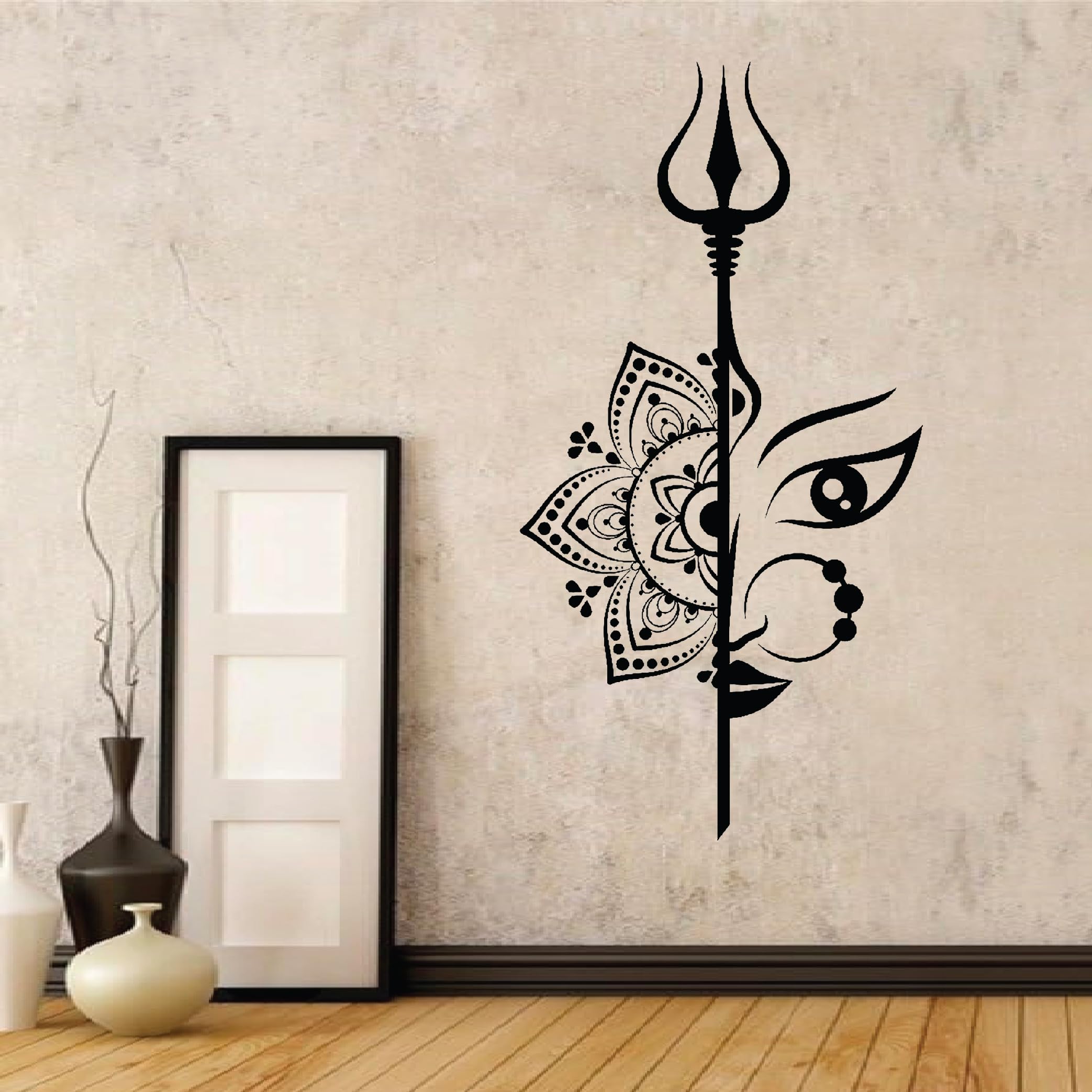 Goddess Maa Durga Beautiful Face with Tirshul Diwali Navratri Pooja Wall Sticker & Decal for Entrance,Door,Wall,Puja Room,Living Room,Self Adhesive Vinyl Matt Finish No Background Black Big 30 x 60