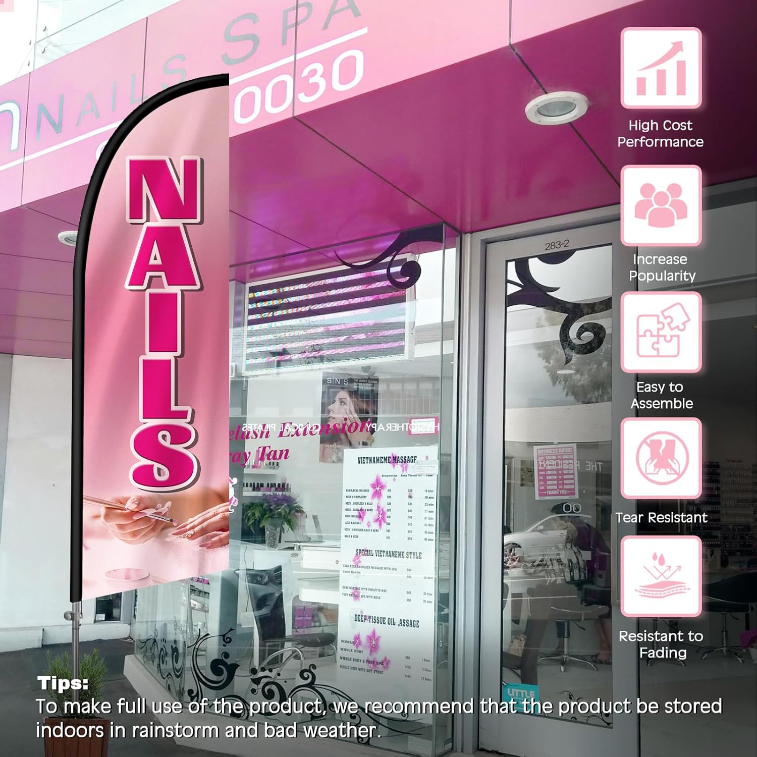 Nails Flag for Business, Nails Signs, 8FT Polyester Advertising Swooper Flag with Aluminium Alloy Flag Pole Kit, Stainless Steel, Ground Spike, Portable Bag