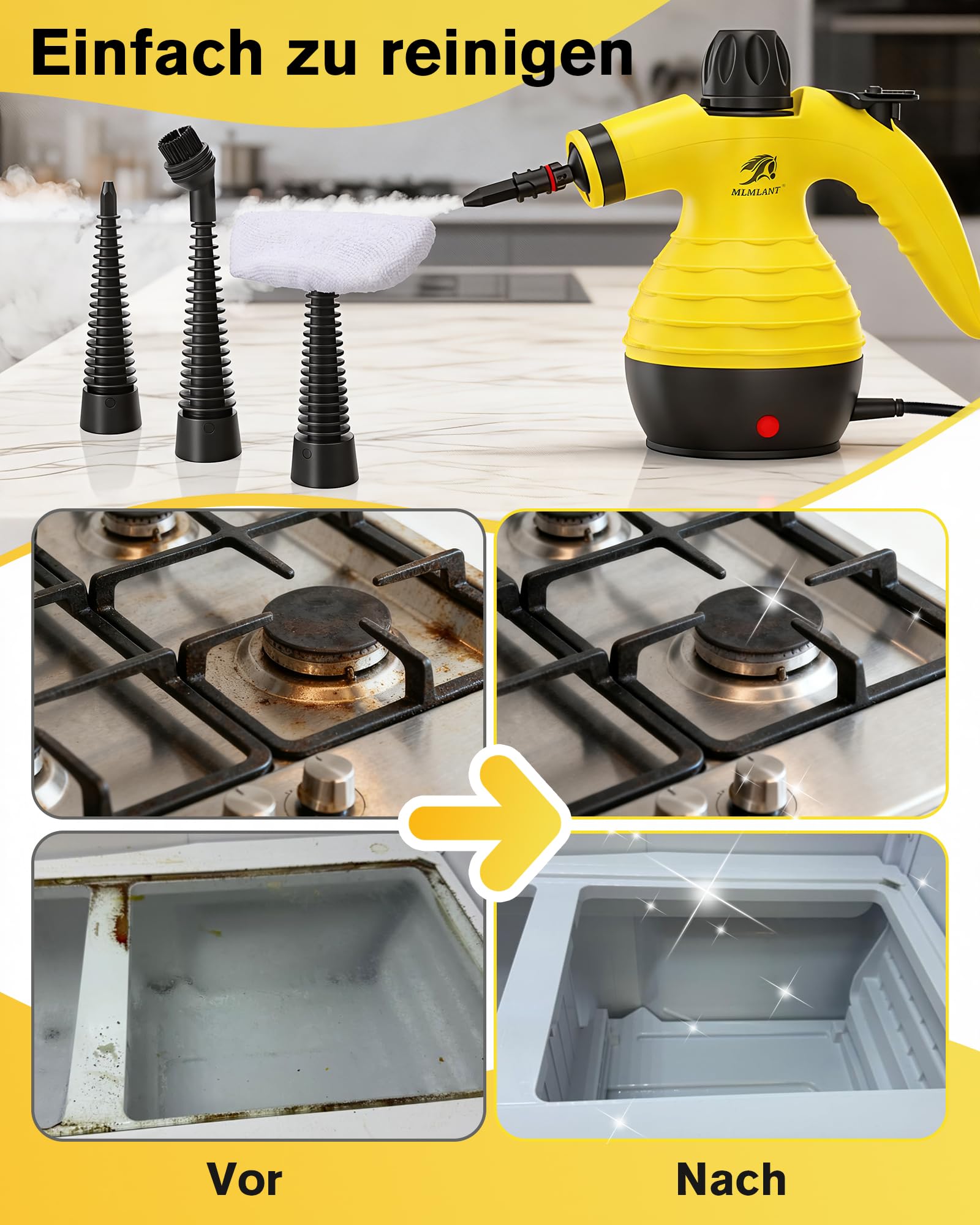 MLMLANT Dampfreiniger, Handdampfreiniger Mit Sicherheitsverriegelung und 9-teiligem Zubehörset, geeignet für Teppiche, Autositze, Sofas, Polstermöbel und mehr.
