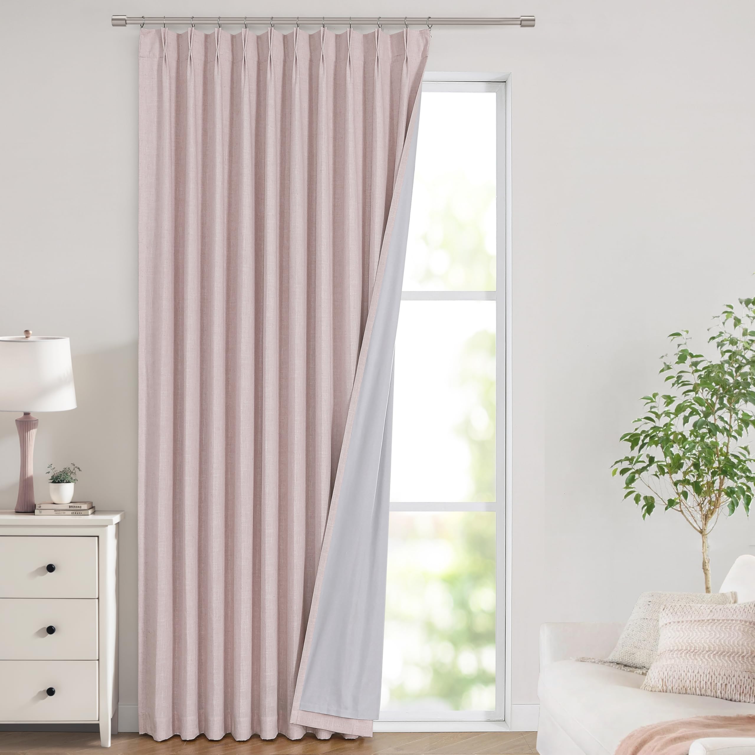 Vision Home Soft Pink Pinch Pleated Full Blackout Curtains Linen Blended Room Darkening Window Curtains 102 inch for Living Room Bedroom Thermal