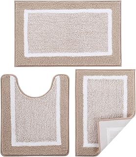 Bathroom Rugs Sets 3 Piece with U-Shaped Contour Toilet Mat Bathroom Shower Rugs Absorbent Microfiber Plush Bath Mats Non Slip Bath Rugs Shaggy Bathroom Floor Mats Machine Washable