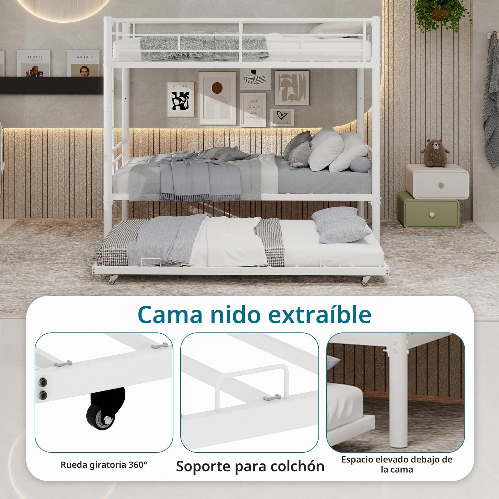 OKMYHOME Litera Convertible 90 x 190 cm – Cama infantil con escalera y guardaespaldas silenciosos, hierro – Sin colchón – Blanco
