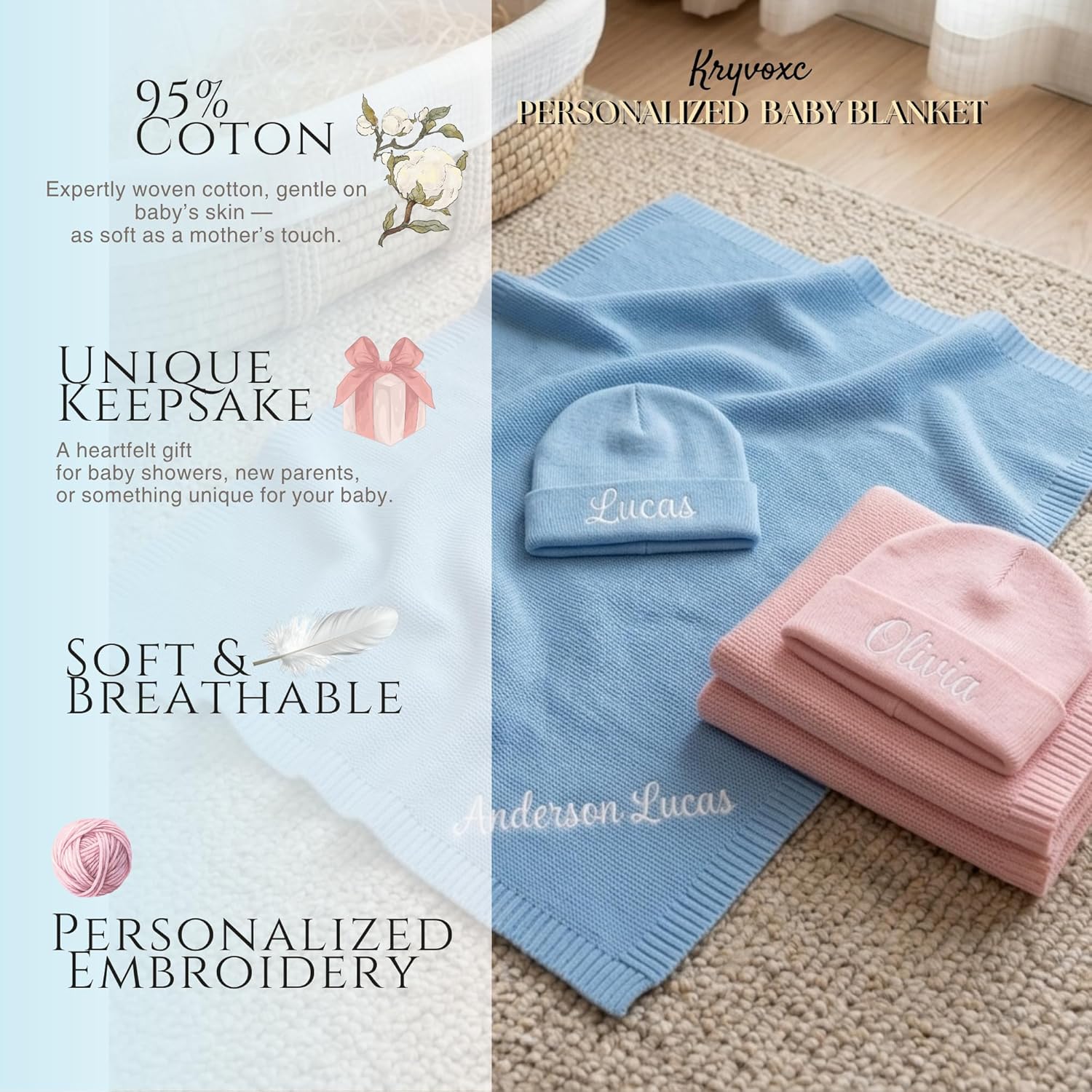 Personalized Baby Blanket with Name, Cotton Receiving Swaddle Blanket and Optional Beanie Set, Customized Baby Blankets for Boys Girls, Soft Gift for Newborns Kids Baby Shower