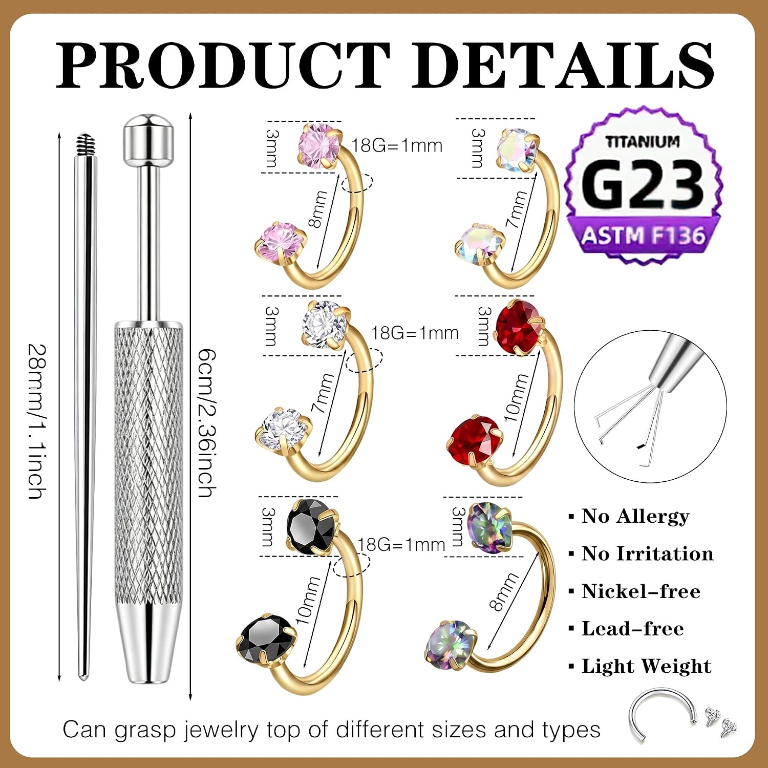 6Pcs 18G Horseshoe Nose Ring, 8mm Double Gem Nose Ring image 5