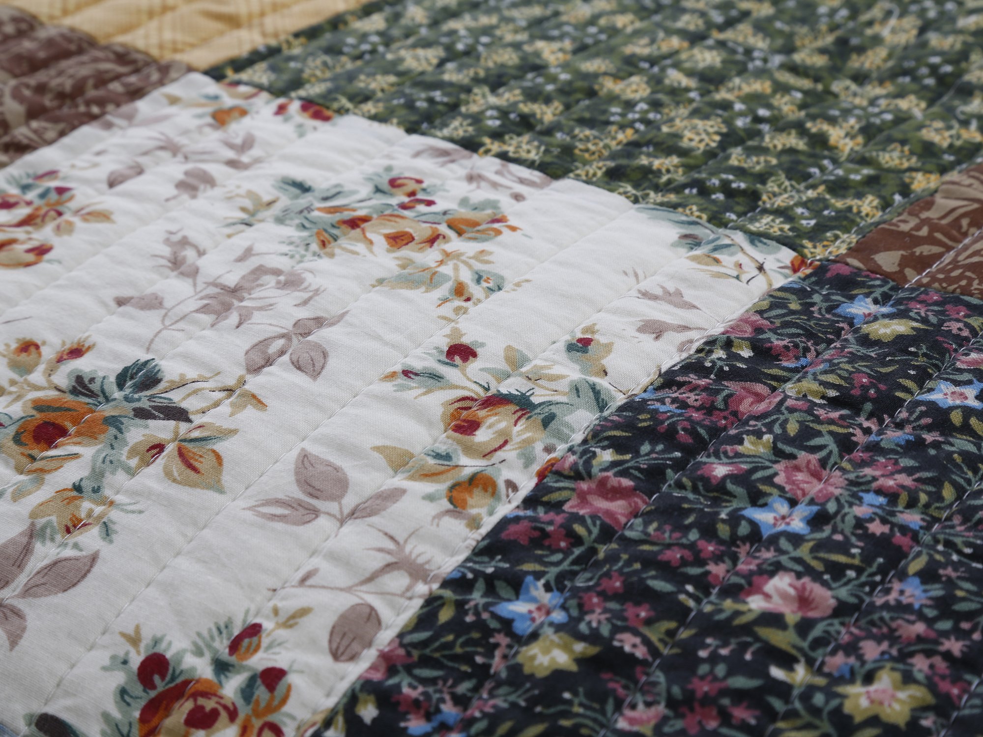 Cozy Line Home Fashions Andy Brown Olive Mustard Yellow Black Real Patchwork Quilt Bedding Set