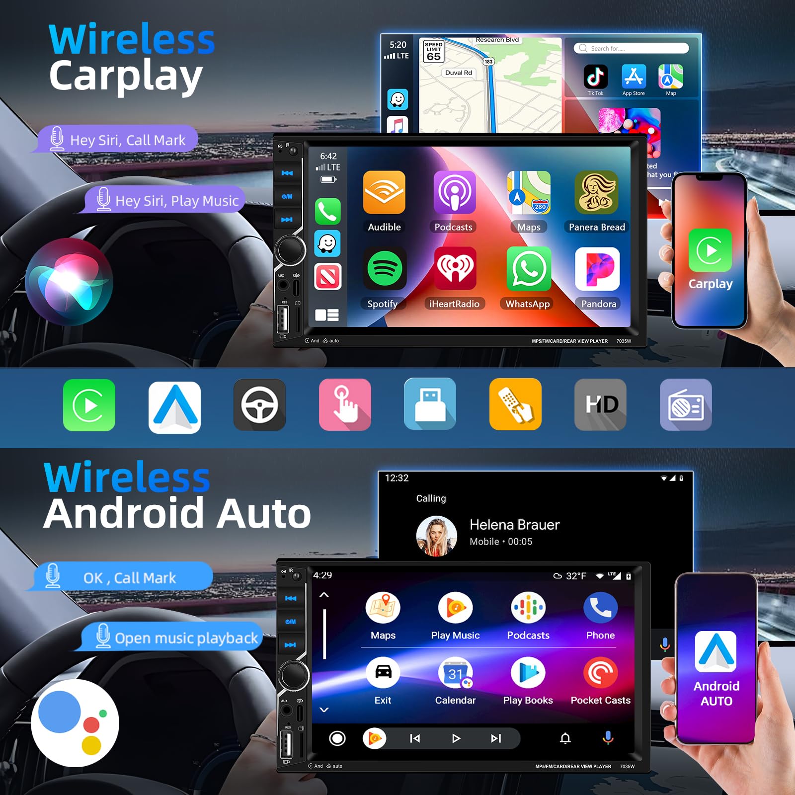 2 Din Carplay Car Stereo Bluetooth 5.1, 7 Zoll HD Touchscreen Autoradio Android Auto, Unterstützung MirrorLink, FM Radio, USB, AUX, Laden + Rückfahrkamera