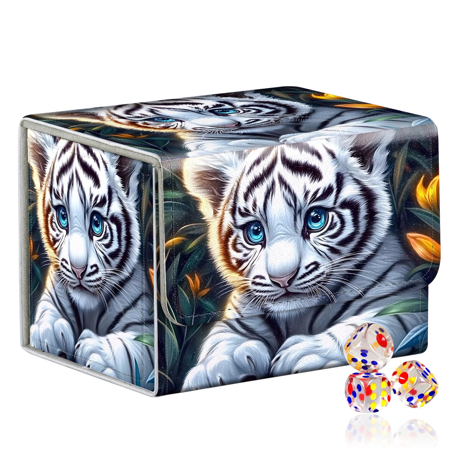 VOGDMKJG Trading Card Deck Box Fit 100+ Single Sleeved Cards,PU Leather Magnetic Closure Card Storage Box With 3 Dice For MTG/TCG/PTCG/Magic/Sport Card Storage Case Horizontal Design Cute Tiger