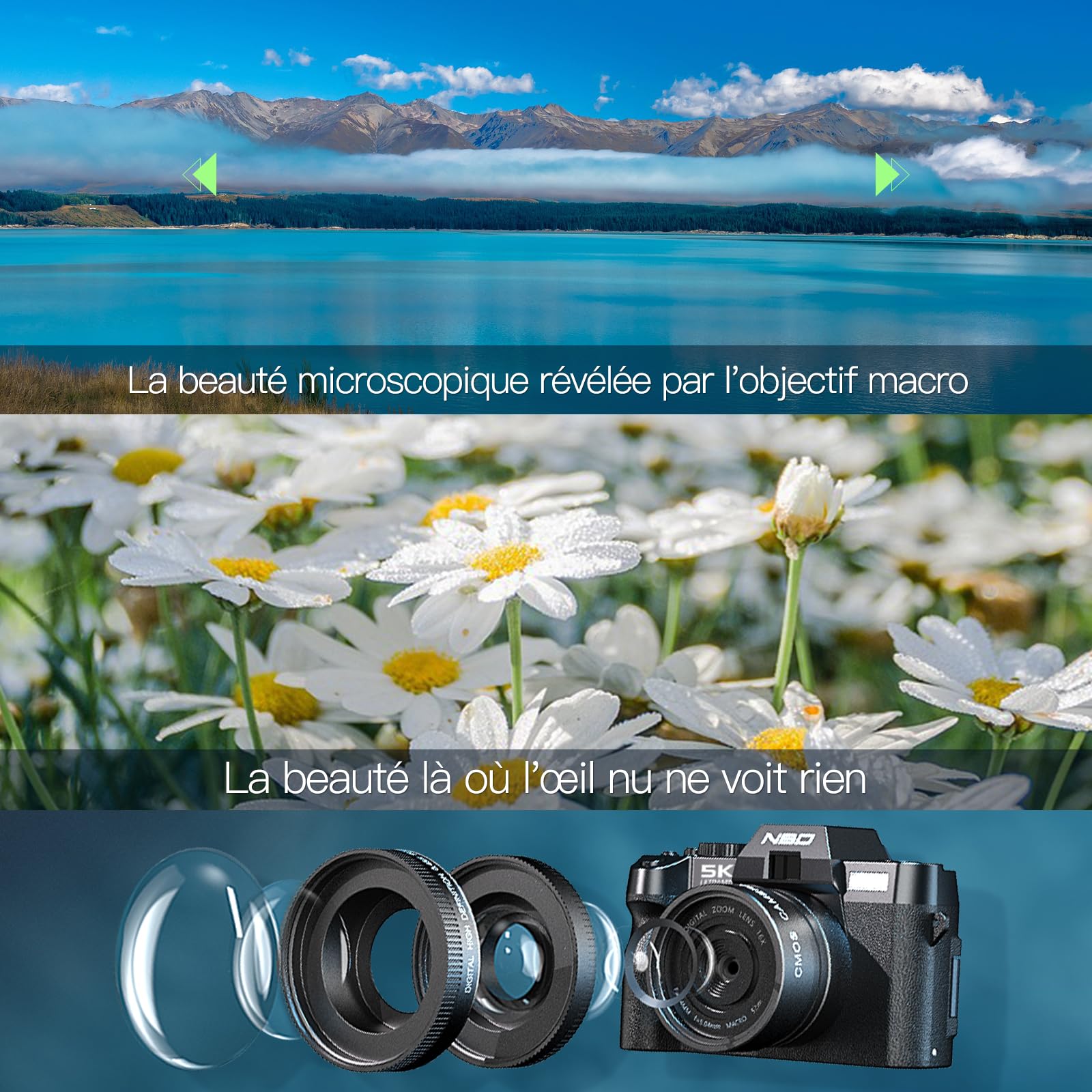 NBD 5K 64MP Appareil Photo numérique avec autofocus, Zoom numérique 16x, Écran IPS 3" 180°, WiFi + Lentille Grand Angle/Macro + Micro Externe + Carte 64GB + 2 Batteries (Noir)