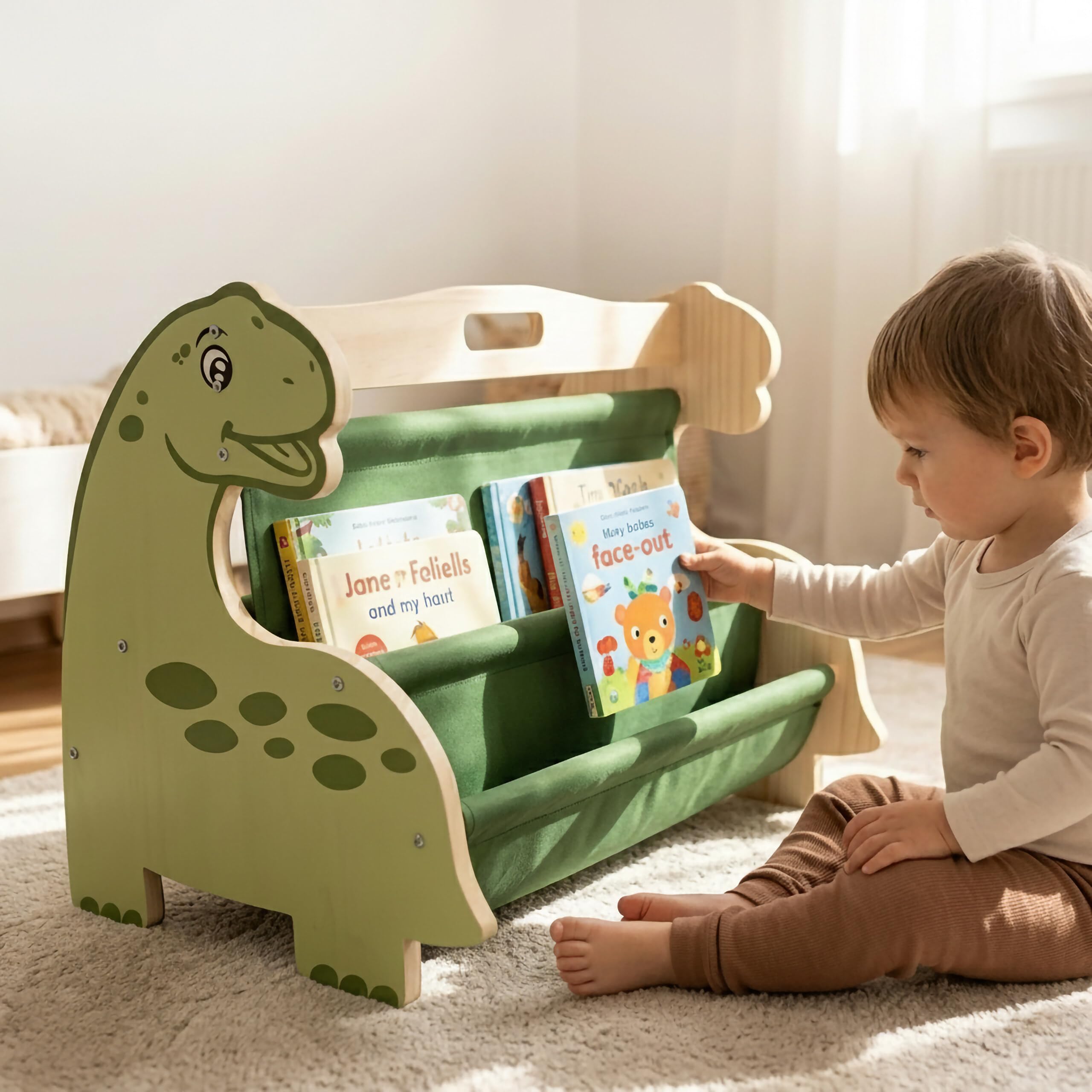 Relaxdays étagère à Livres Enfant, Bois, 4 bacs en Tissu, Vert/Naturel