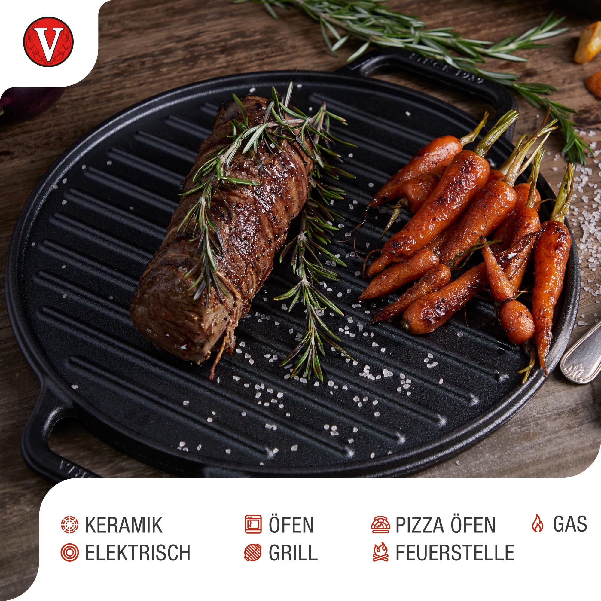 VICTORIA Grillplatte Emailliertes Gusseisen Grillpfanne 32cm Rund, Doppelseitig Verwendbar, für Feuer, Grill, Ofen, Vitrokeramik, Gas, Ohne Schadstoffe und PTFE