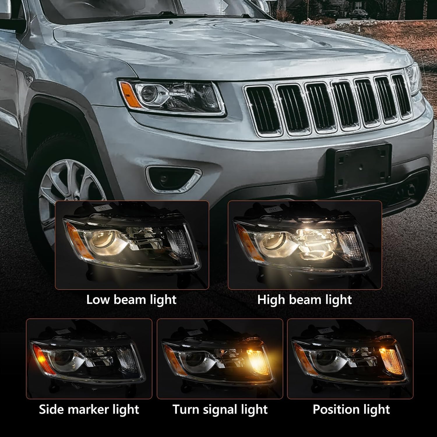 FIONE Halogen Headlight Assembly Compatible with Jeep Grand Cherokee 2014 2015 2016 Replacement Headlamp Right Passenger Side RH
