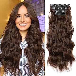 NOTICEME Clip in Hair Extensions 4PCS Long Wavy Chocolate Brown Thick Hairpieces for Women Weft Natural Synthetic 22 Inch Daily Use (Chocolate Brown)